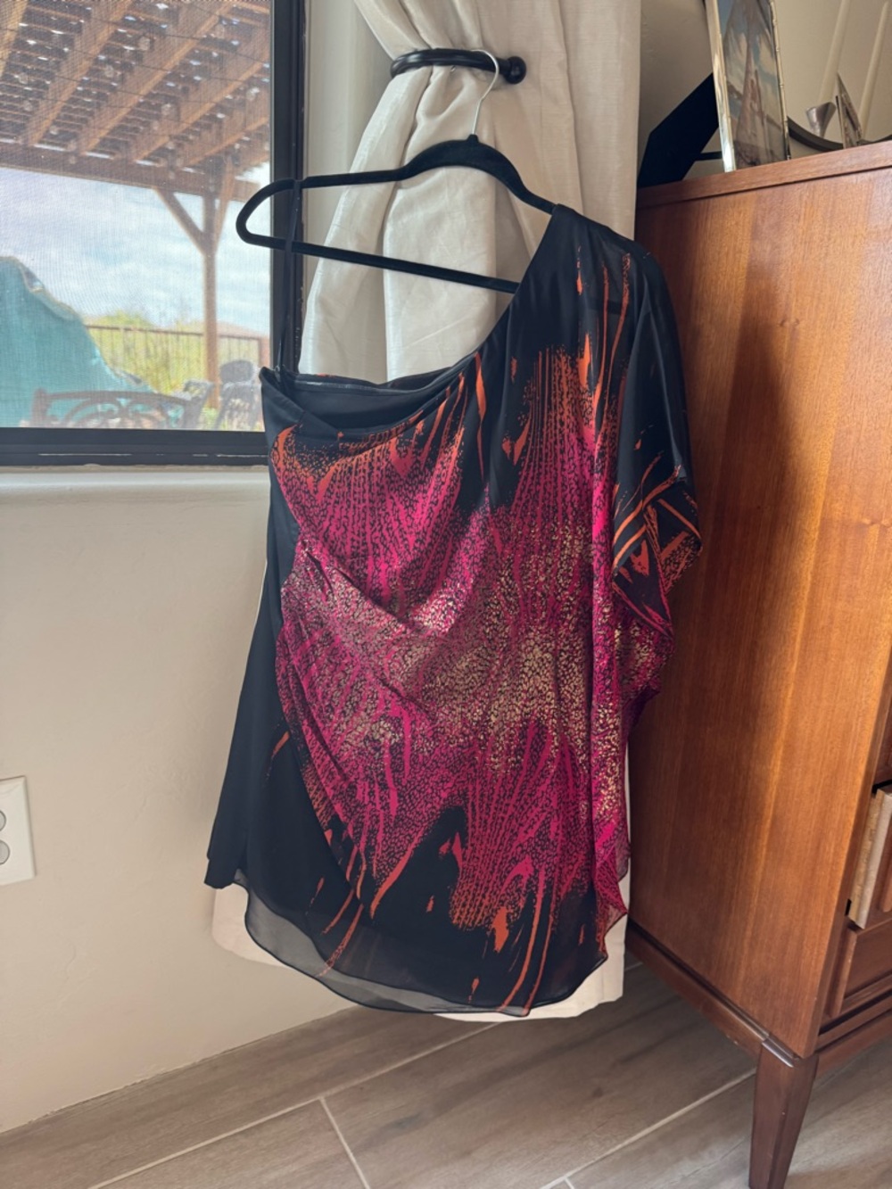 bebe Black One-Shoulder Dress with Pink & Orange Abstract Print